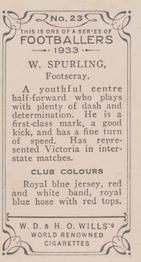 1933 Wills's Victorian Footballers (Small) #23 William Spurling Back